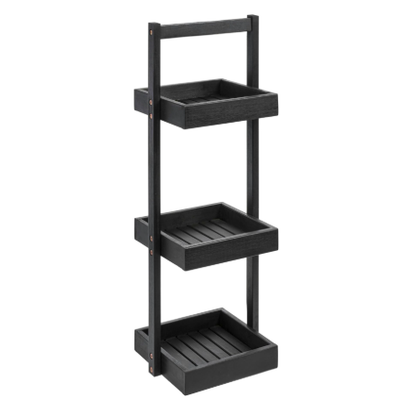 Classic Rustic 3-Tier Acacia Wood Freestanding Bathroom Shower Caddy with Handle, Rack for Bath, Office, Kitchen Desktop - 10.04" x 12.01" x 29.92"/Black
